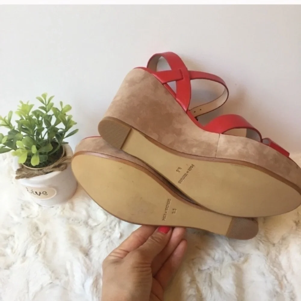 POUR la Victoire red leather strapy suede velvet wedges sandals New
